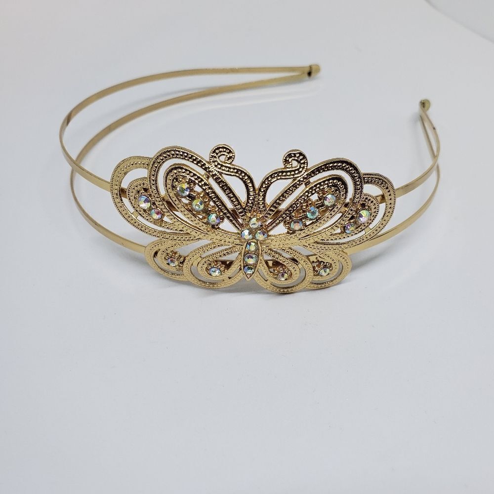 Gold Colored Rhinestone Butterfly Headband - Picture 1 of 3